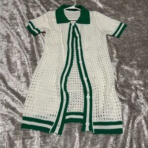 Green and White Crochet Button-Up Dress